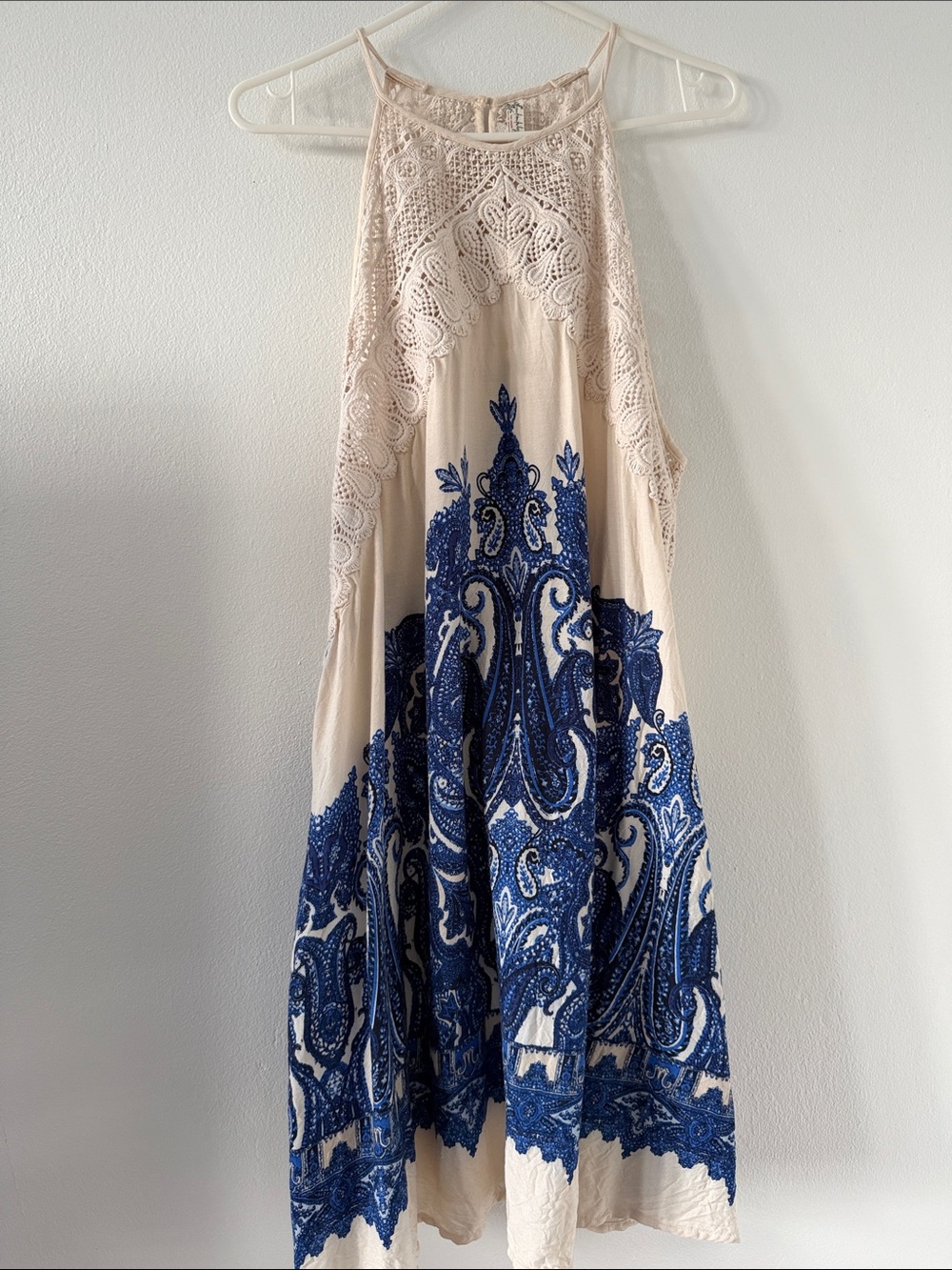 Free People Cream and Blue Halter Mini Dress with Lace Yoke